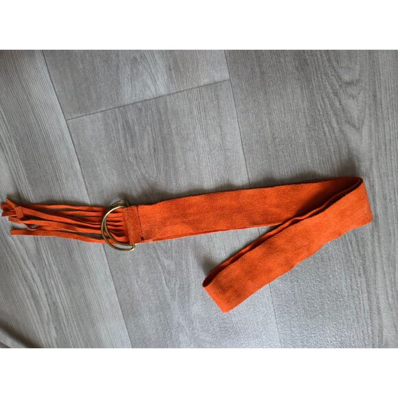 Kim Craftsman Orange Suede Belt With Fringe & Brass D-Ring Buckle - Picture 4 of 10